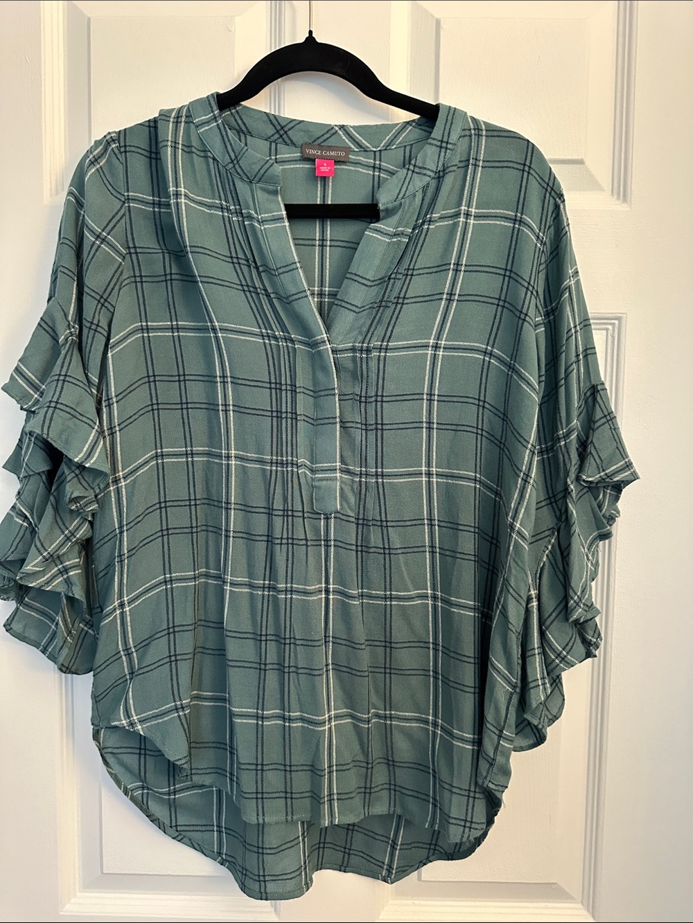 Vince Camuto Teal Green Plaid Ruffle Sleeve Blouse
